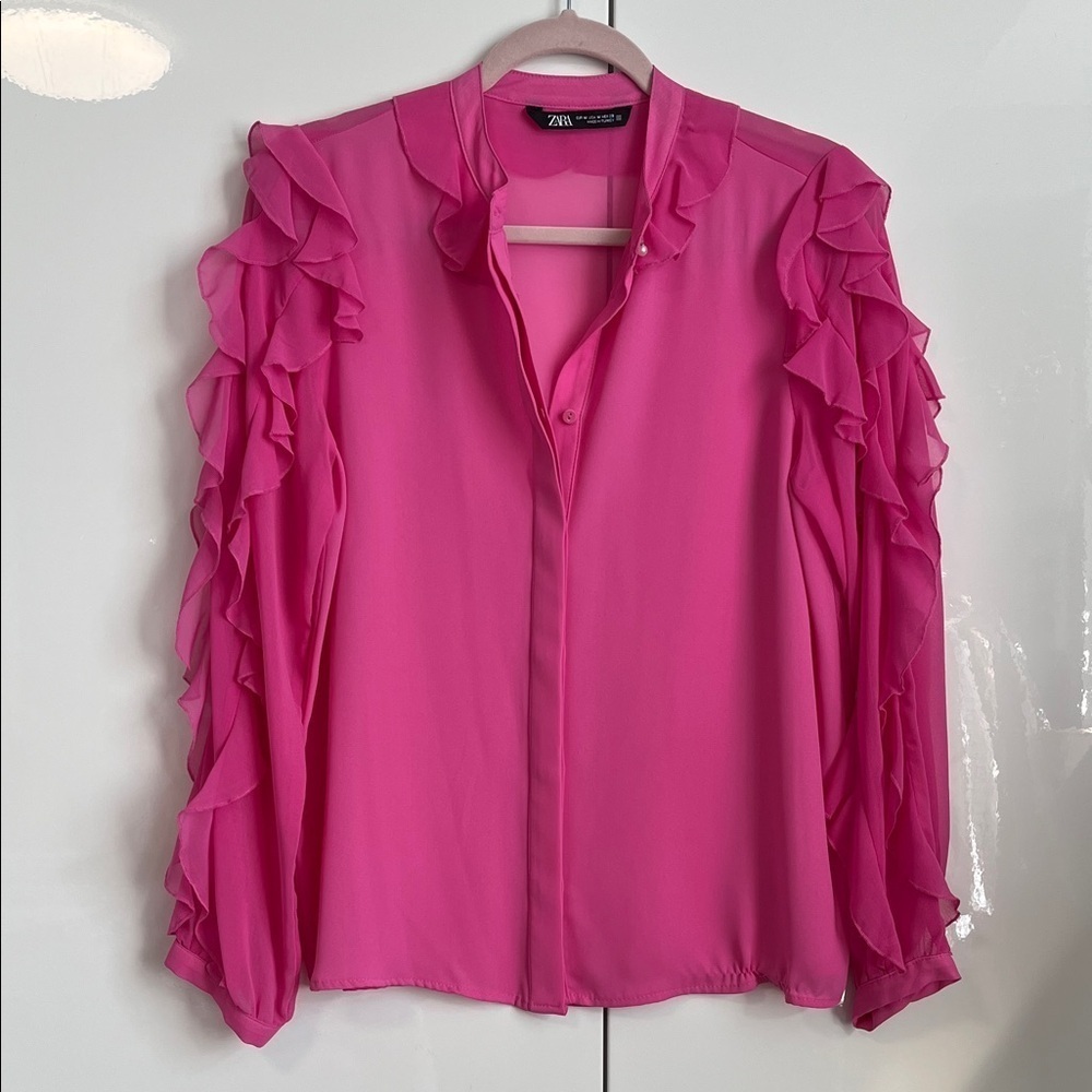 ZARA Fuchsia Ruffle Sleeve Blouse Mandarin Collar Pearl Buttons, Size M - Picture 2 of 11